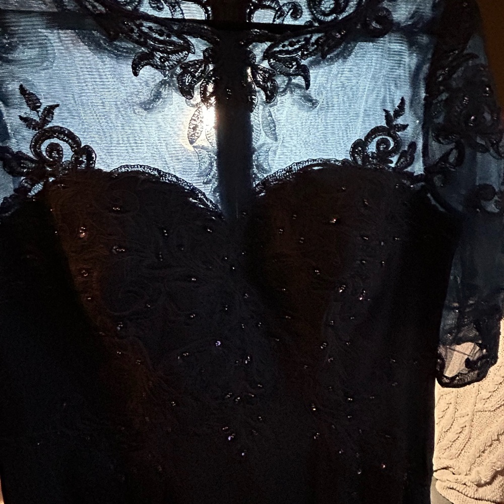 NWT Illusion Lace Sequin Navy Evening Dress